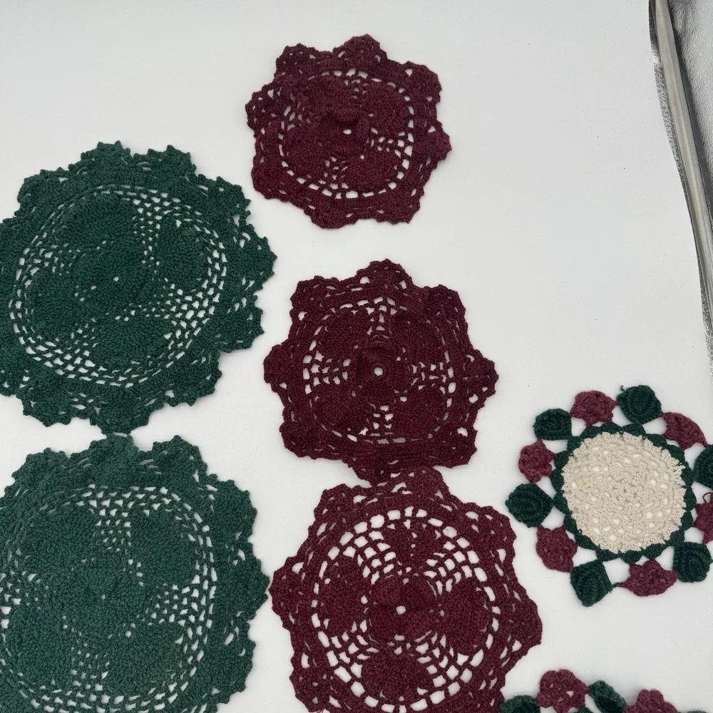 Vintage Crochet Doilies Lot 13 Green Burgundy‎ Cotton Holiday Cottagecore